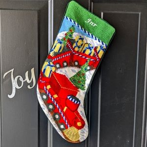 Vintage Needlepoint Christmas Stocking Velvet w/Train "Jnr" New